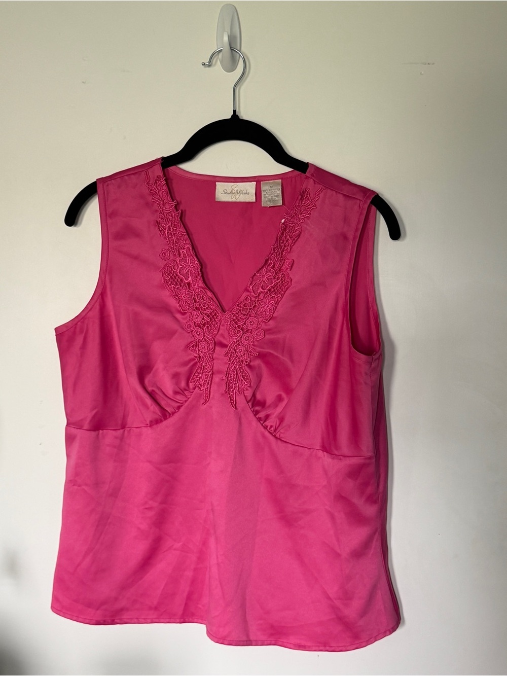Pink Satin Sleeveless Top with Lace Detail